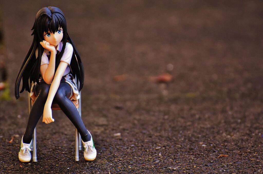 girl, sad, sad girl, chair, to sit, thoughtful, anime, view, figure, decoration, fantasy